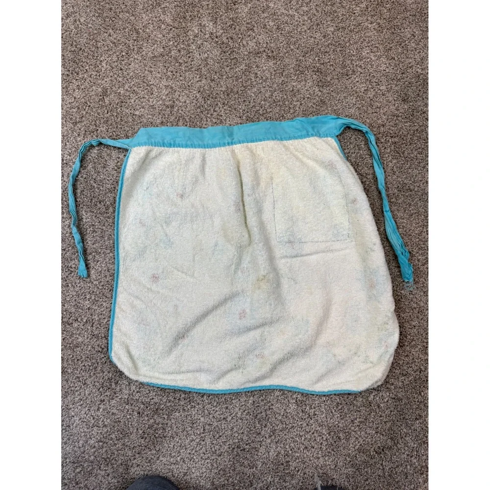 Vintage Terry Cloth Towel Half Apron Blue‎ Floral Pocket Handmade Retro Kitchen